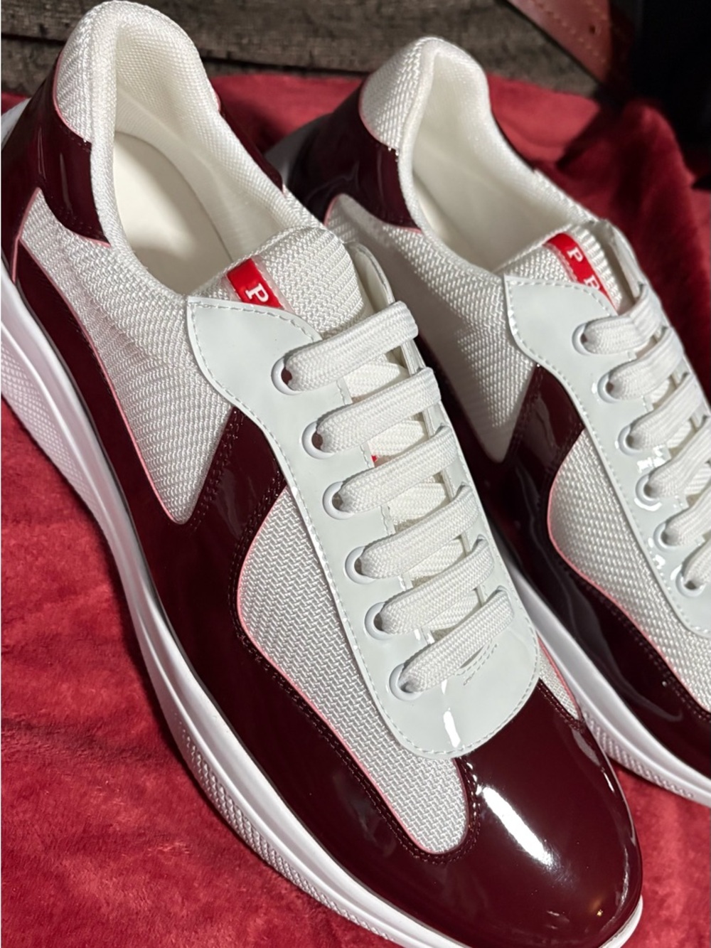 Prada White and Burgundy Low-Top Men's Sneakers - Picture 2 of 6